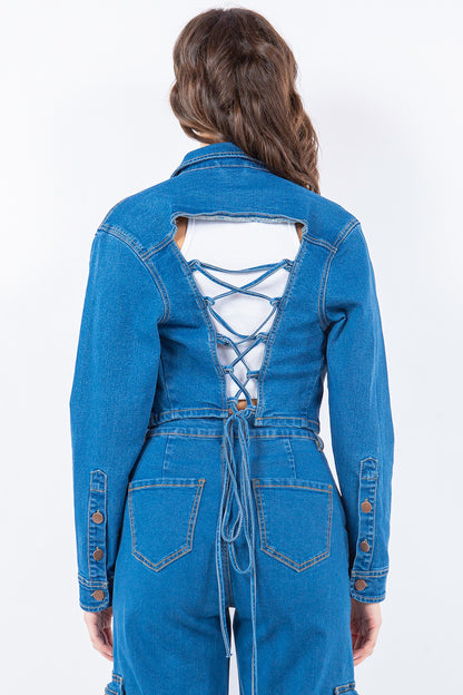 American Bazi Laced Back Cropped Denim Jacket-Angel Casuals