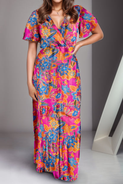 Printed Surplice Short Sleeve Maxi Dress-Angel Casuals