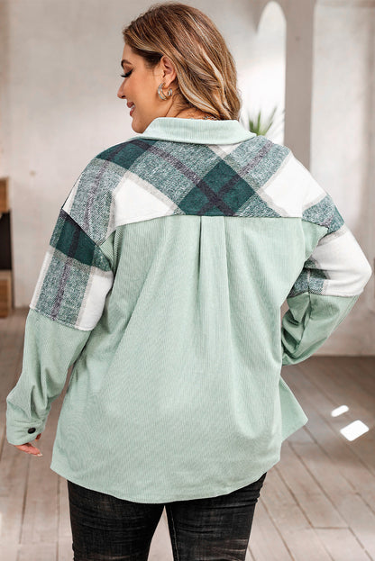 Plus Size Plaid Snap Down Jacket with Pockets-Angel Casuals