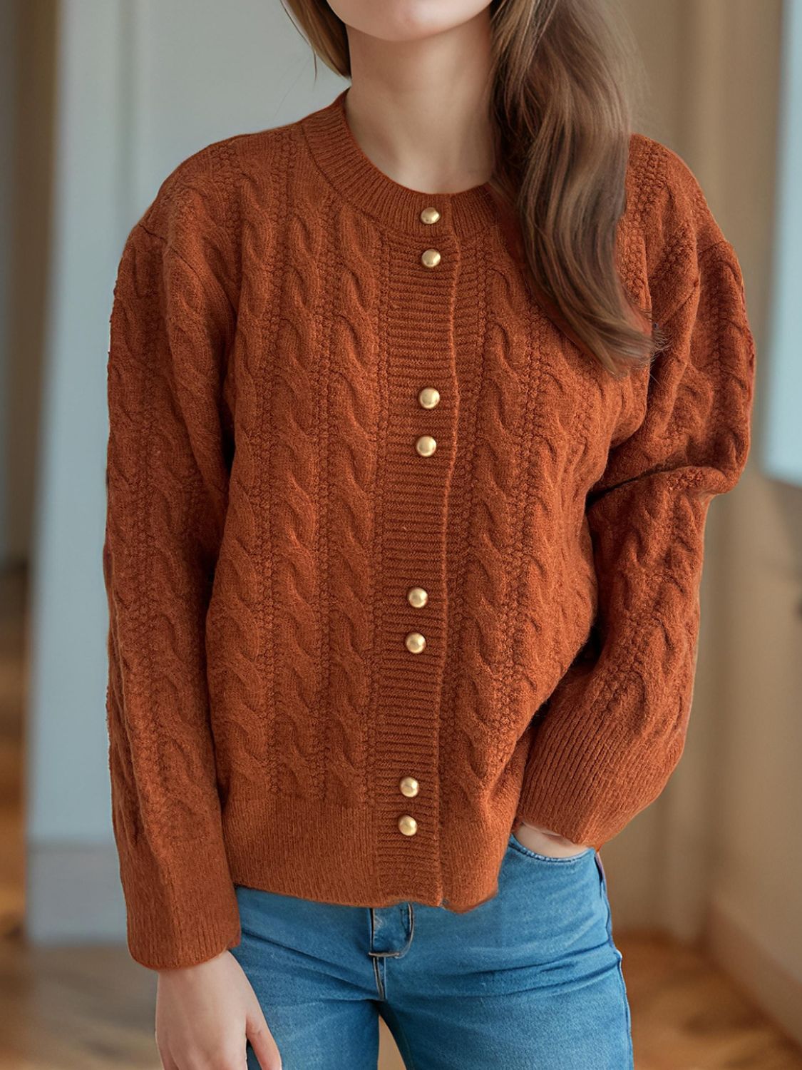 Cable-Knit Round Neck Long Sleeve Cardigan-Angel Casuals