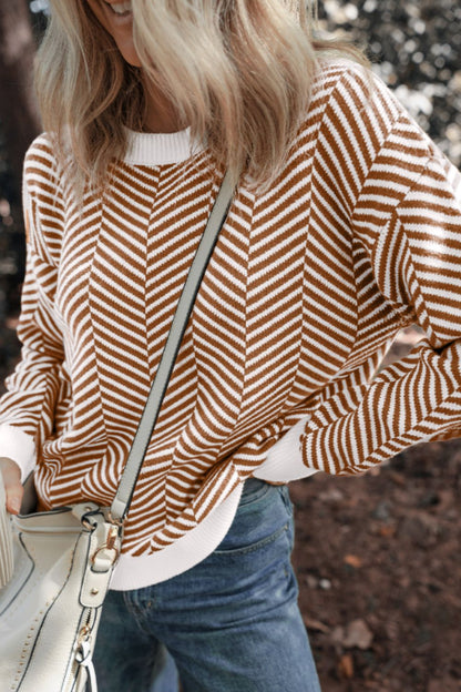 Striped Round Neck Long Sleeve Sweater-Angel Casuals