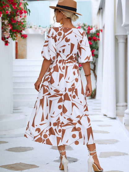 Printed Surplice Balloon Sleeve Dress-Angel Casuals