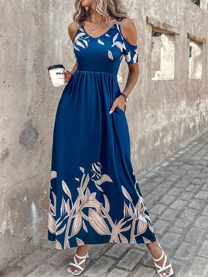 Printed Cold Shoulder Short Sleeve Maxi Dress-Angel Casuals