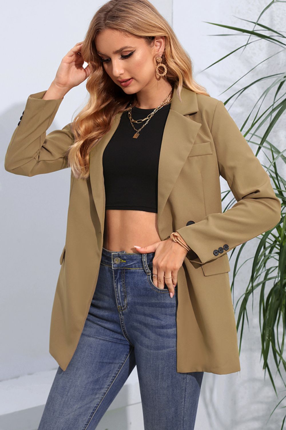 Lapel Neck Long Sleeve Blazer with Pockets-Angel Casuals