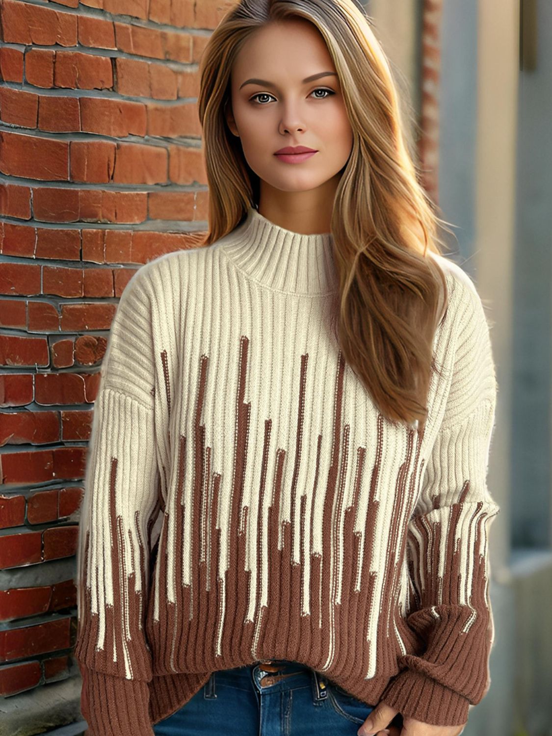 Contrast Mock Neck Long Sleeve Sweater-Angel Casuals