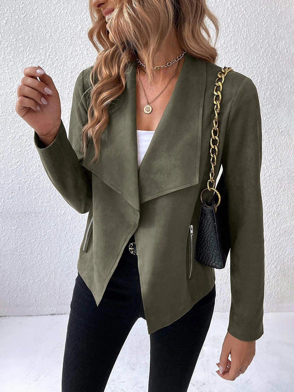 Collared Neck Long Sleeve Jacket-Angel Casuals