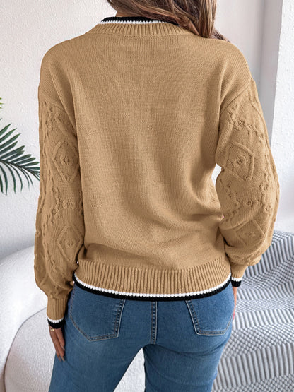 Contrast Trim Round Neck Long Sleeve Sweater-Angel Casuals