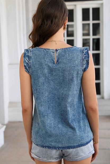 Acid Wash Round Neck Denim Tank-Angel Casuals