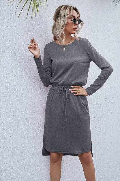 Round Neck Side Slit Dress-Angel Casuals