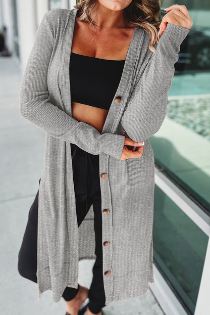 Button Up High-Low Long Sleeve Slit Cardigan-Angel Casuals