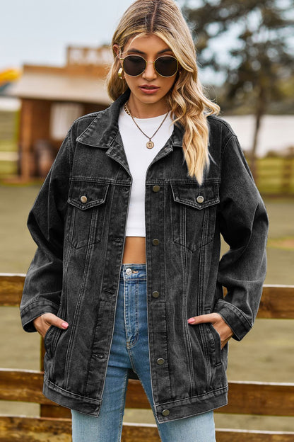 Buttoned Collared Neck Denim Jacket with Pockets-Angel Casuals