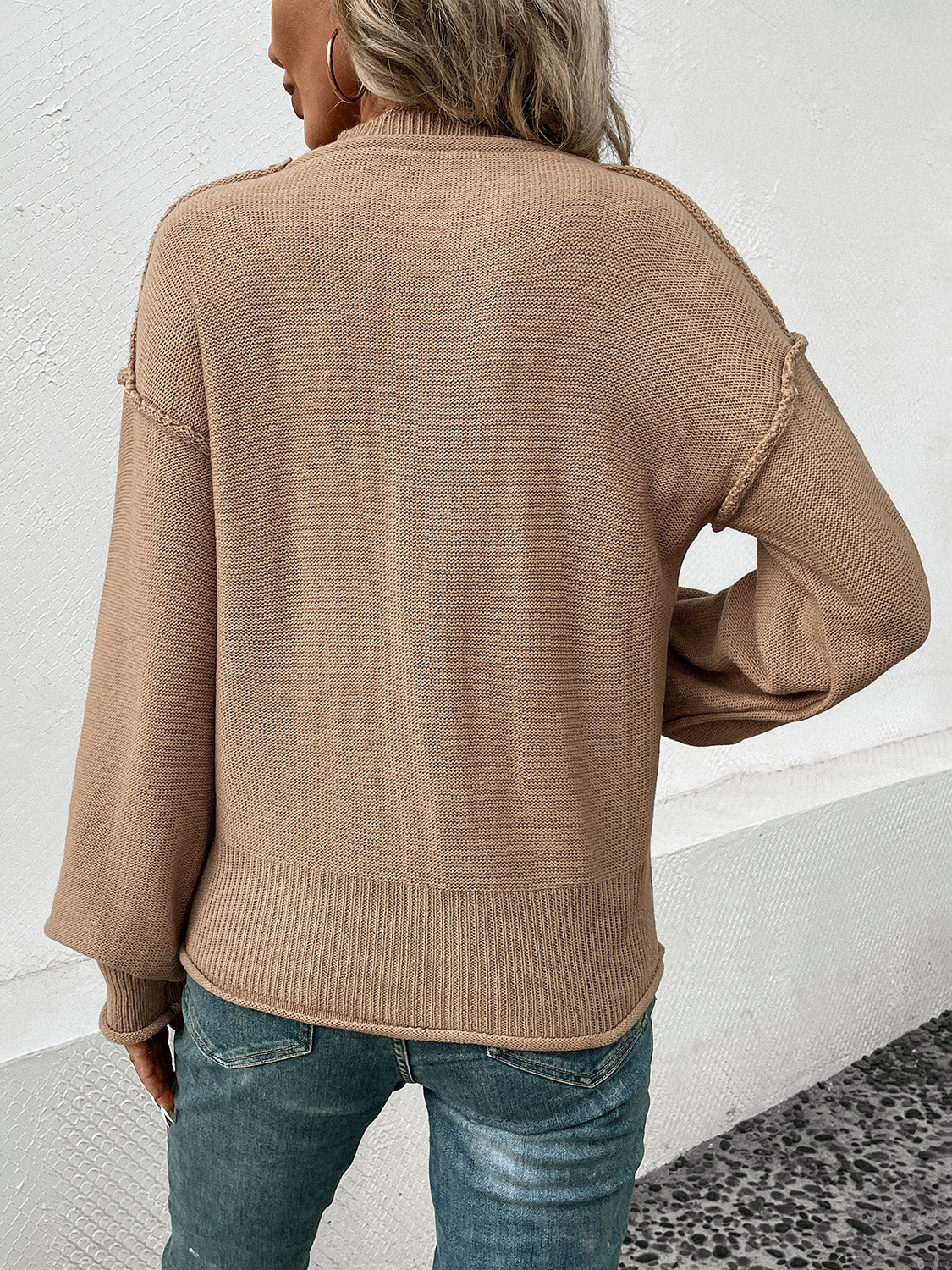 Perfee Exposed Seam Round Neck Sweater-Angel Casuals