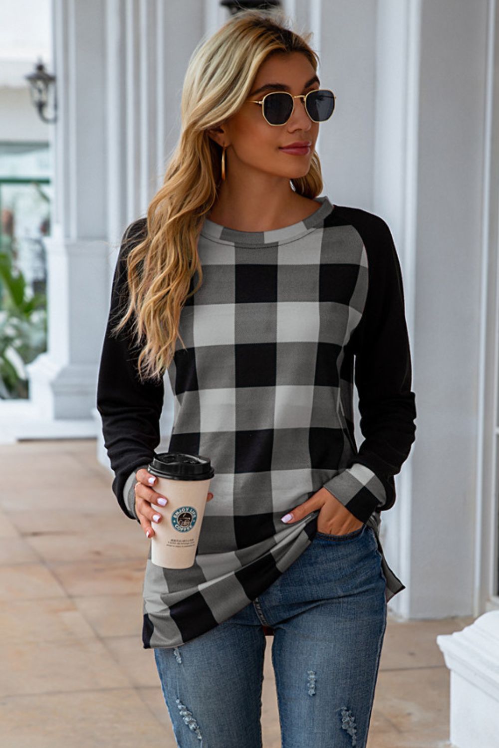 Plaid Round Neck Long Sleeve T-Shirt-Angel Casuals