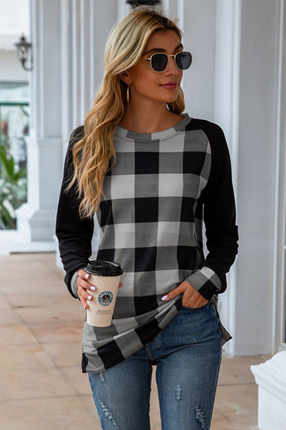 Plaid Round Neck Long Sleeve T-Shirt-Angel Casuals