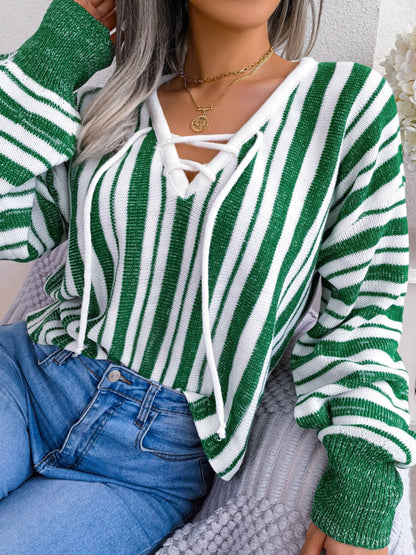 Striped Lace-Up Long Sleeve Sweater-Angel Casuals