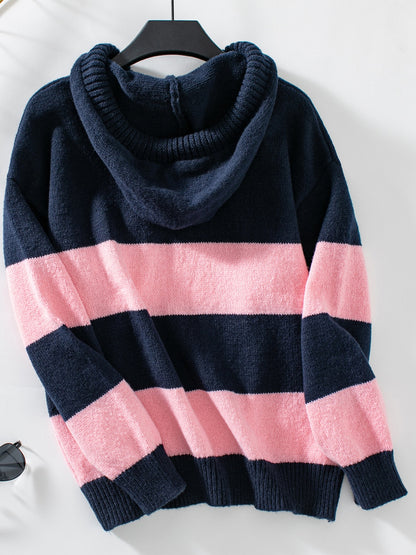 Drawstring Contrast Stripe Dropped Shoulder Hooded Sweater-Angel Casuals