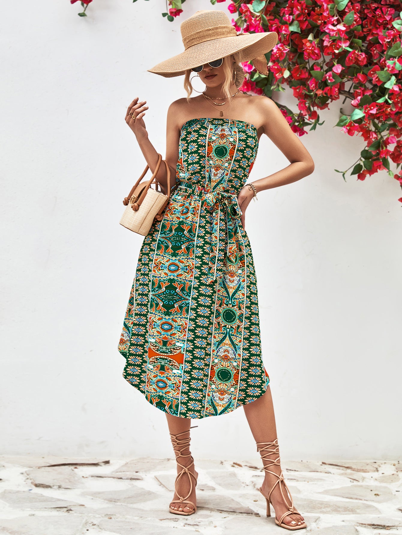 Printed Strapless Tie Belt Dress-Angel Casuals