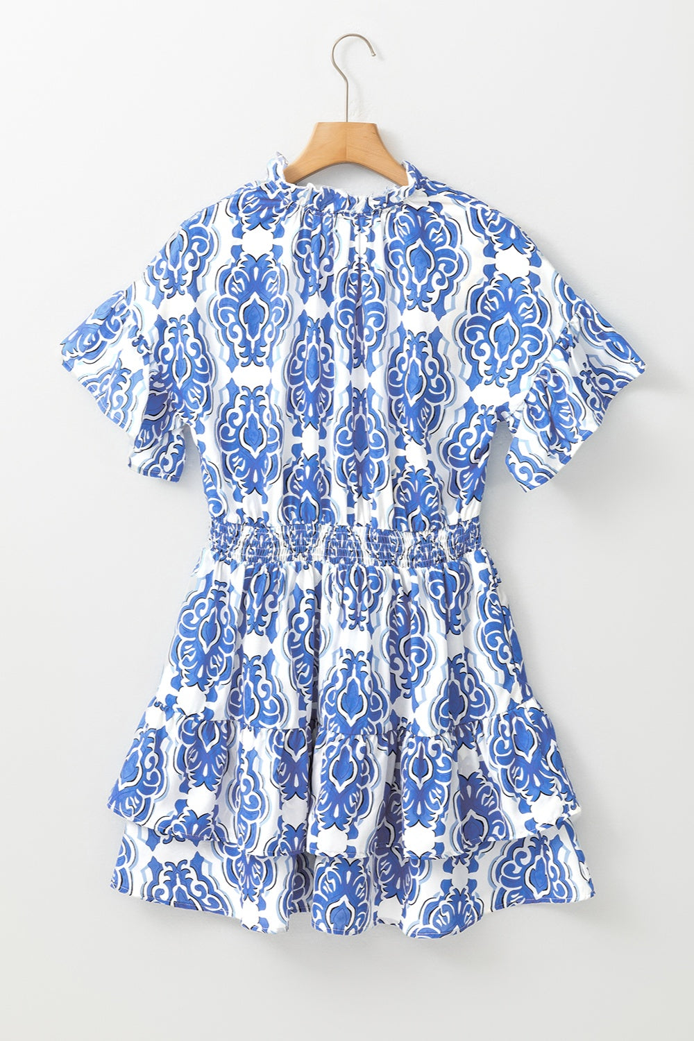 Printed Tie Neck Short Sleeve Mini Dress-Angel Casuals