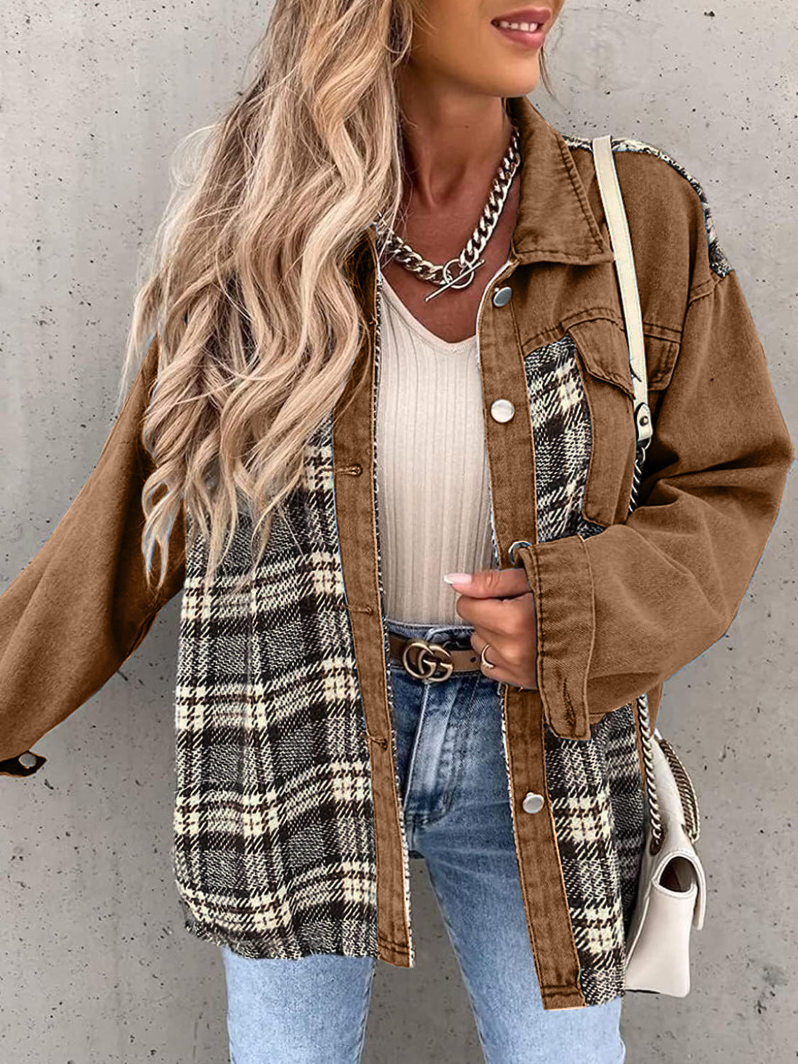 Plaid Button Up Dropped Shoulder Jacket-Angel Casuals