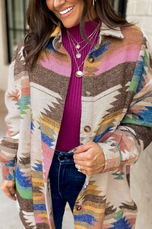 Geometric Button Up Long Sleeve Jacket-Angel Casuals