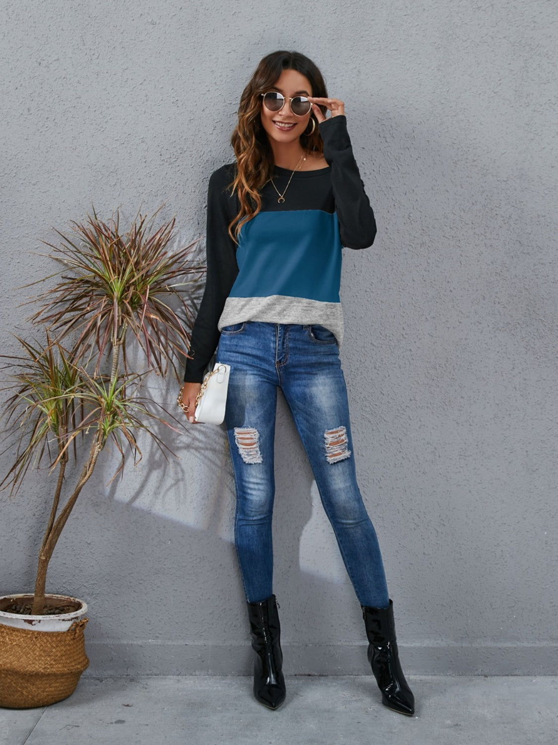 Color Block Round Neck Long Sleeve T-Shirt-Angel Casuals