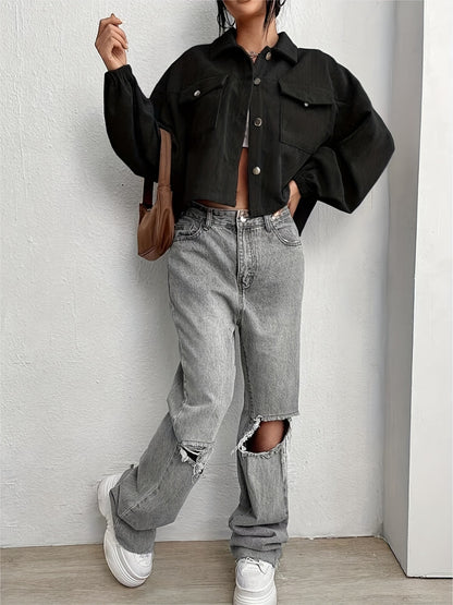 Collared Neck Dropped Shoulder Jacket-Angel Casuals