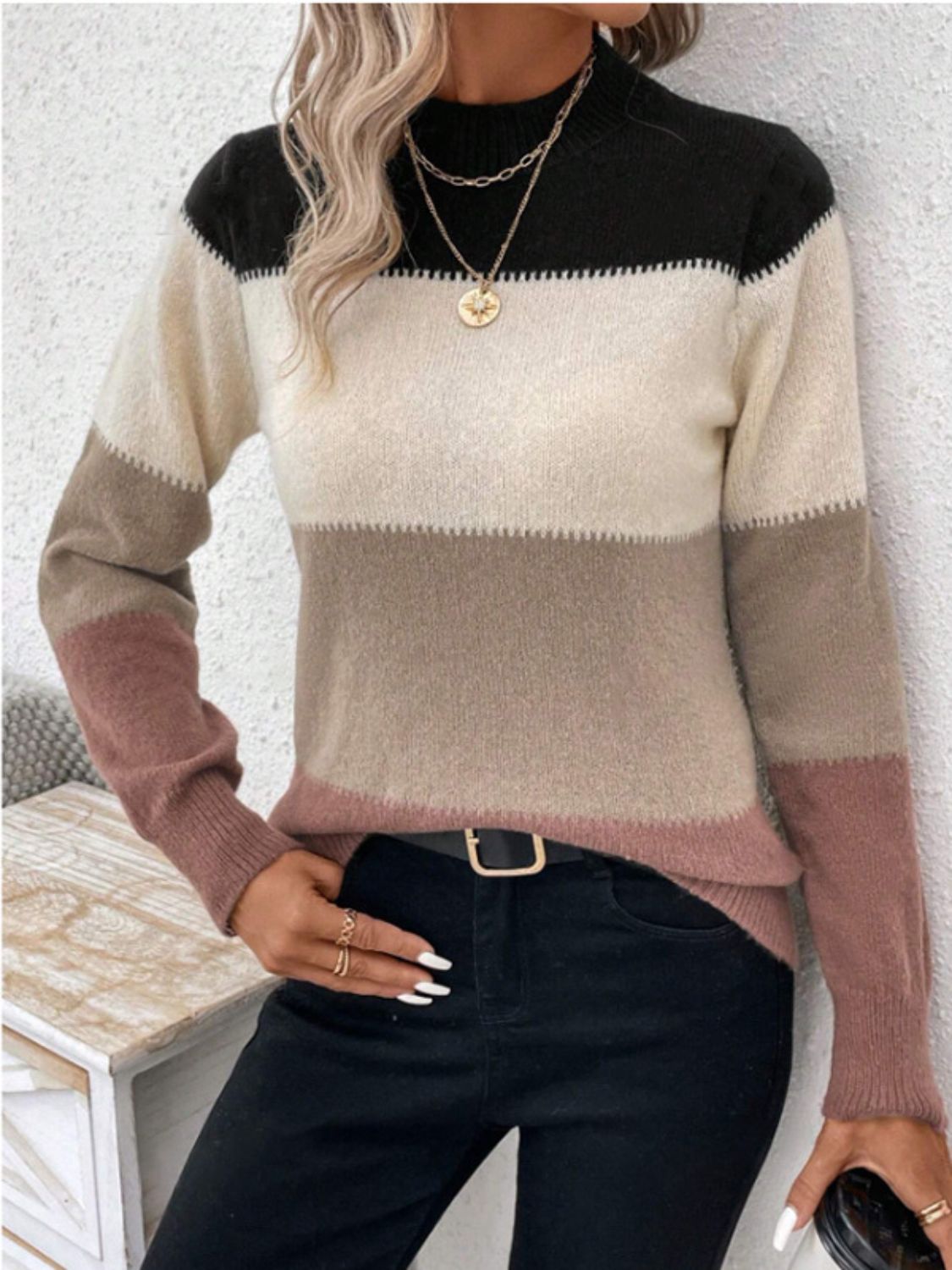 Color Block Mock Neck Long Sleeve Sweater-Angel Casuals