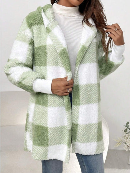 Plaid Long Sleeve Hooded Coat-Angel Casuals