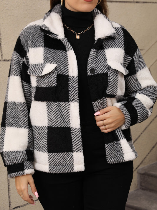 Plus Size Pocketed Plaid Collared Neck Jacket-Angel Casuals