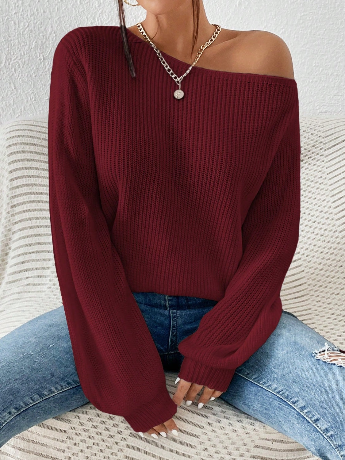 Honey Single Shoulder Long Sleeve Sweater-Angel Casuals