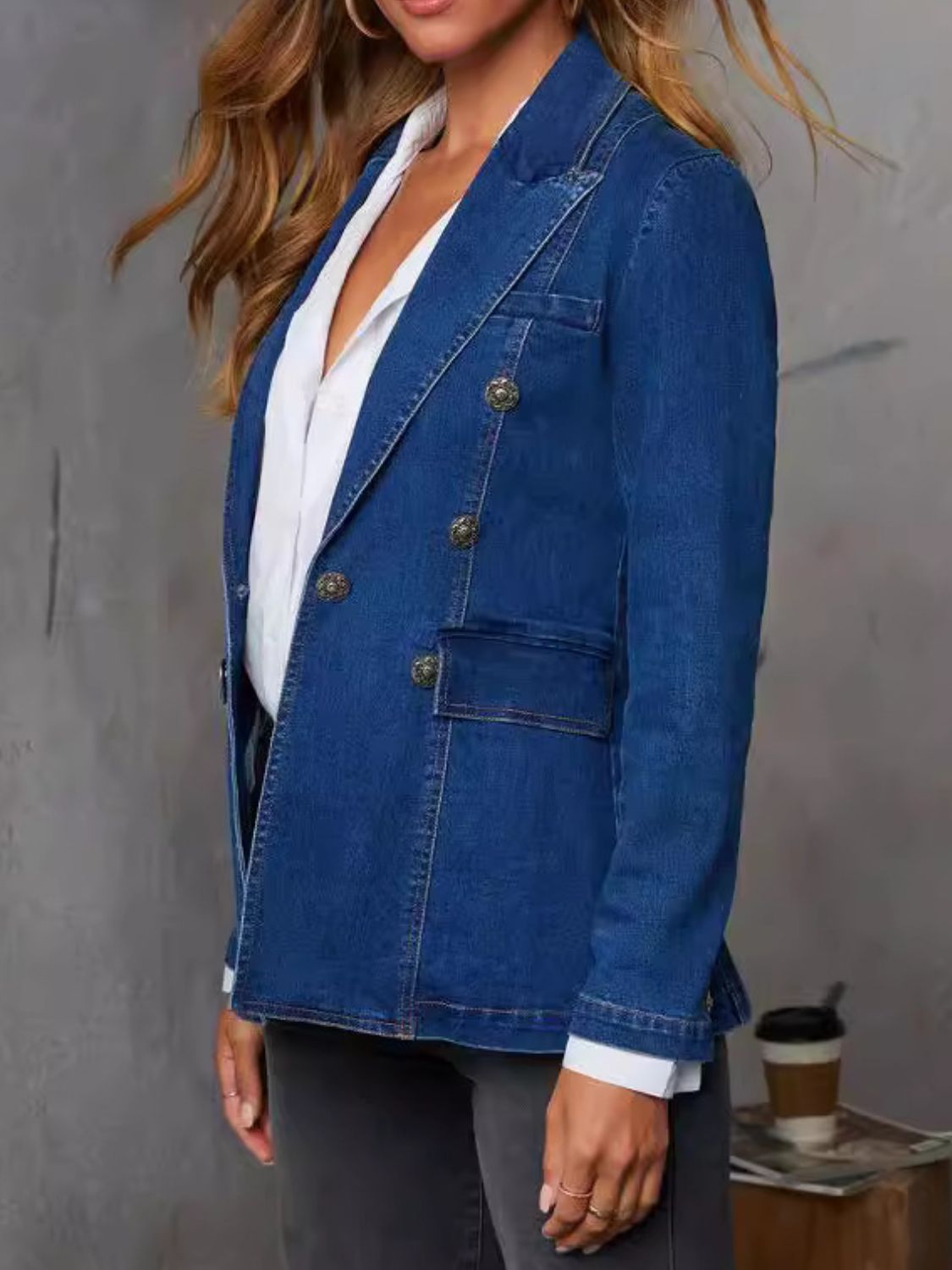Collared Neck Long Sleeve Denim Jacket-Angel Casuals
