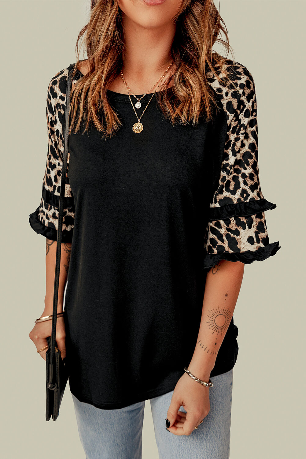 Leopard Contrast Ruffled Top-Angel Casuals