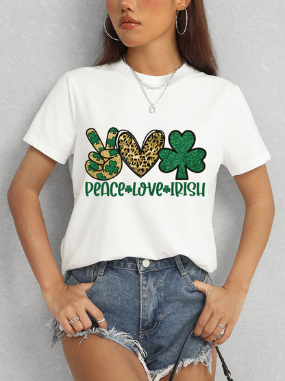 PEACE LOVE IRISH Round Neck Short Sleeve T-Shirt-Angel Casuals