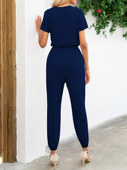 Short Sleeve V-Neck Jumpsuit with Pockets-Angel Casuals