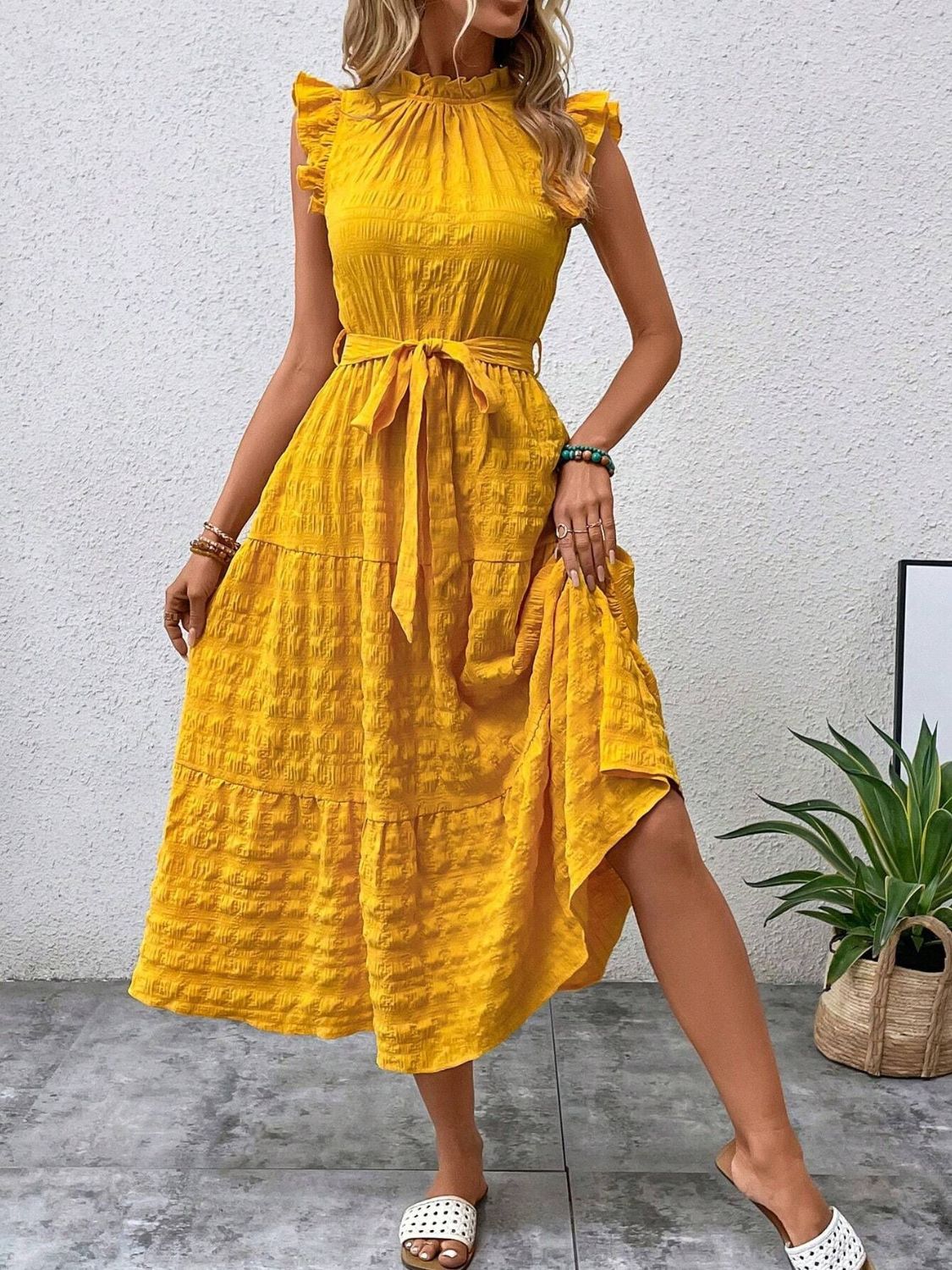 Tied Ruffled Cap Sleeve Midi Dress-Angel Casuals