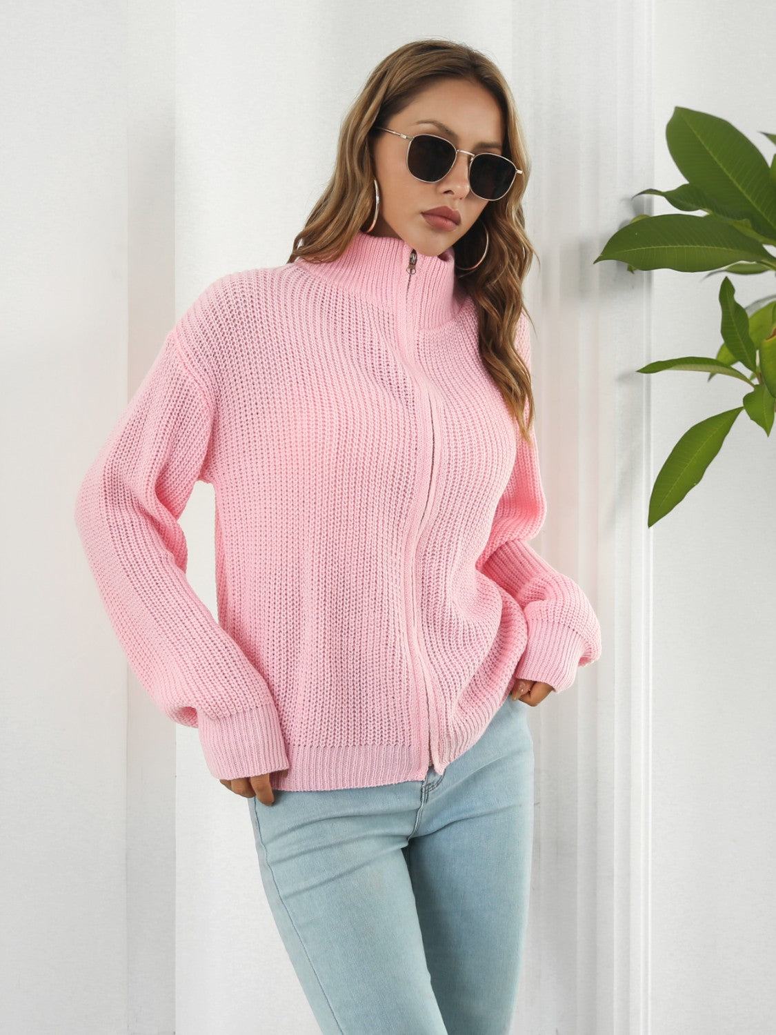 Turtleneck Zip Up Long Sleeve Knit Top-Angel Casuals