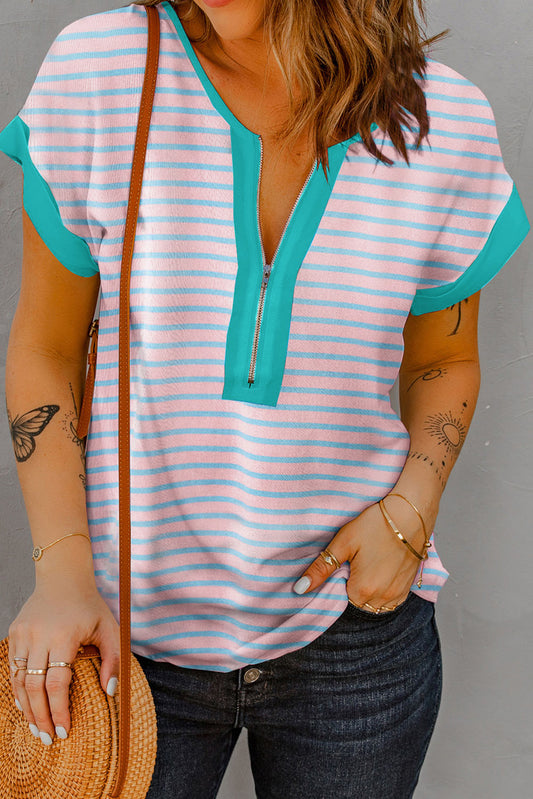 Striped Notched Short Sleeve T-Shirt-Angel Casuals