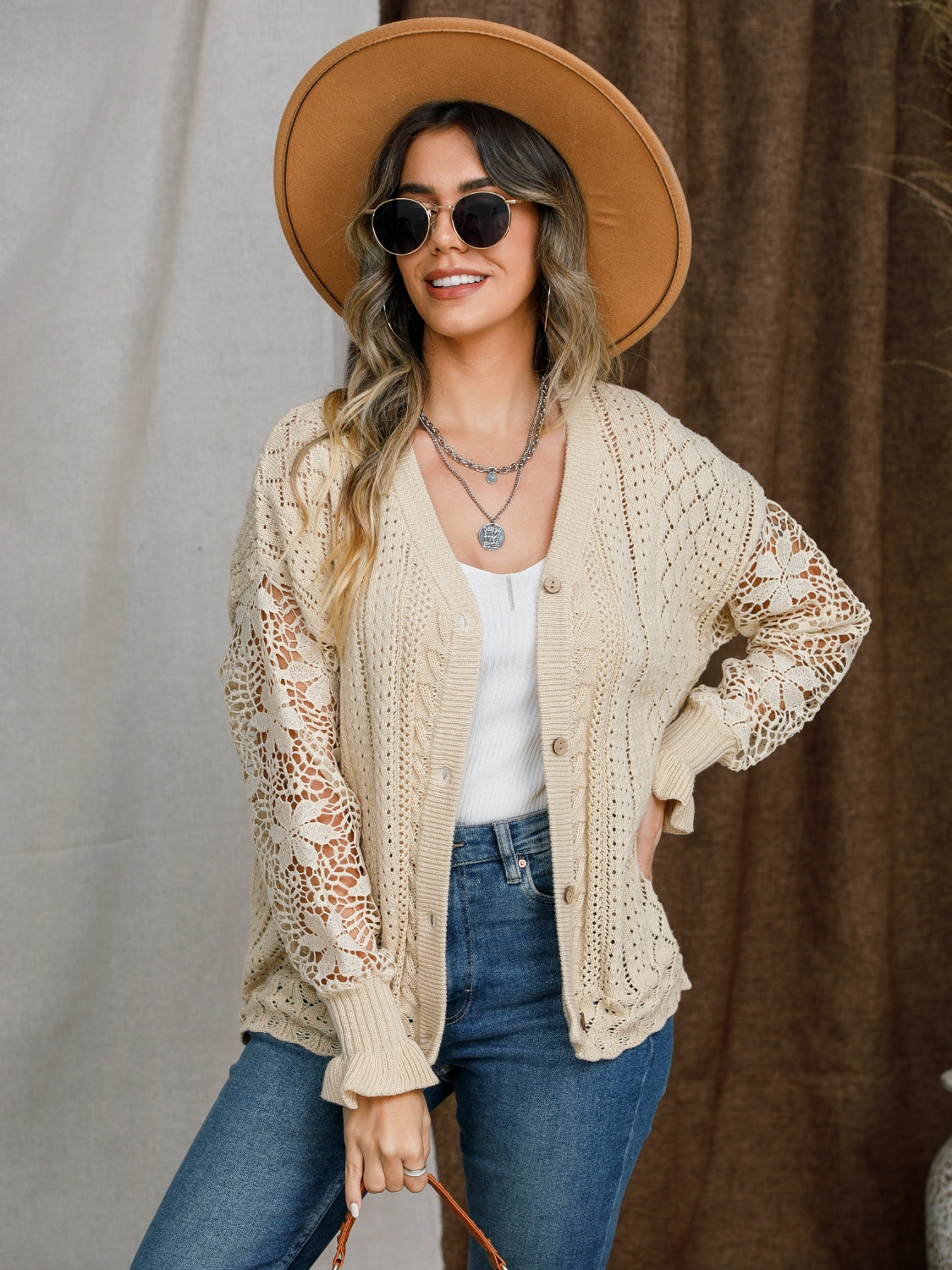 Eyelet Button Up Lantern Sleeve Cardigan-Angel Casuals