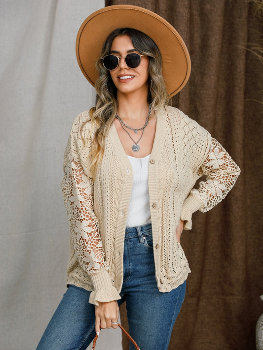Eyelet Button Up Lantern Sleeve Cardigan-Angel Casuals