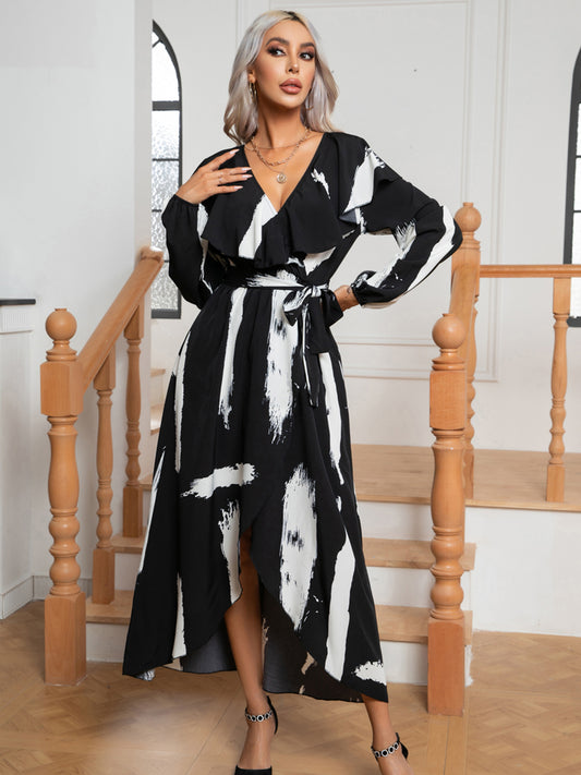 Printed Tie Front Ruffle Trim Long Sleeve Dress-Angel Casuals