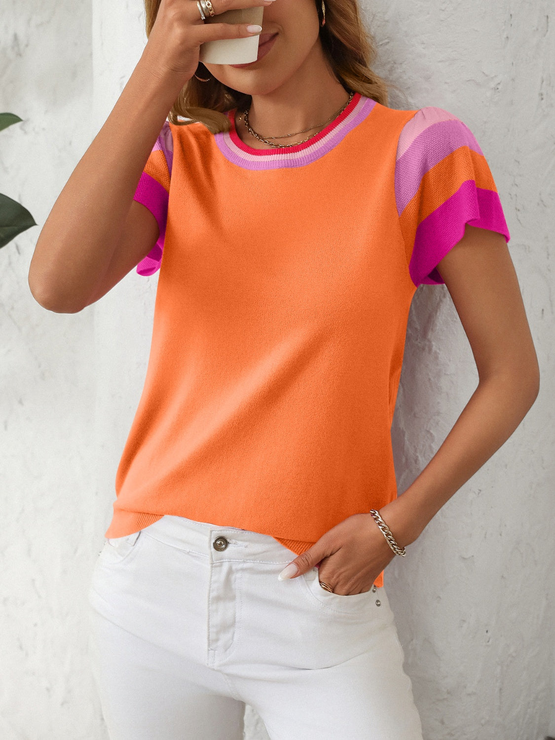 Mandy Contrast Round Neck Short Sleeve Knit Top-Angel Casuals