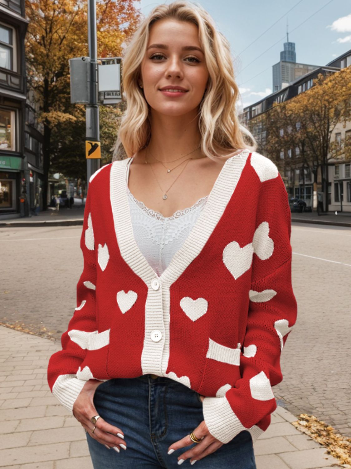 Heart Button Up Dropped Shoulder Long Sleeve Cardigan-Angel Casuals
