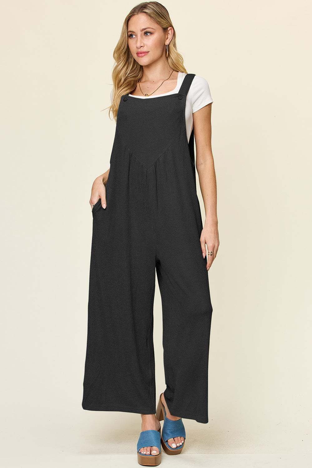 Double Take Full Size Texture Sleeveless Wide Leg Overall-Angel Casuals