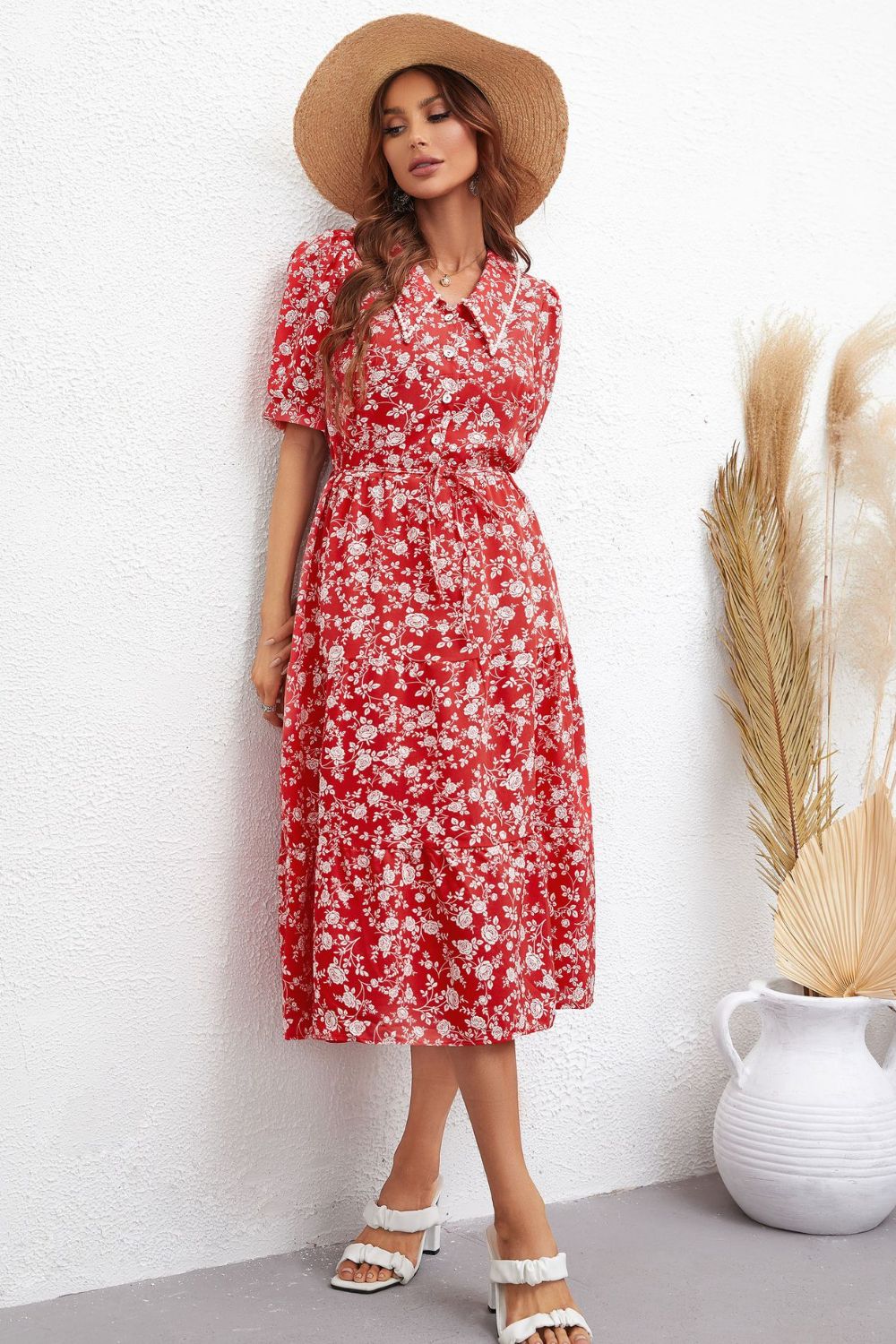 Floral Tie Waist Puff Sleeve Midi Dress-Angel Casuals