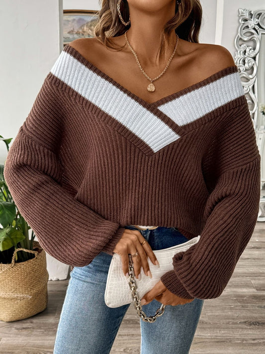 Contrast Dropped Shoulder Long Sleeve Sweater-Angel Casuals