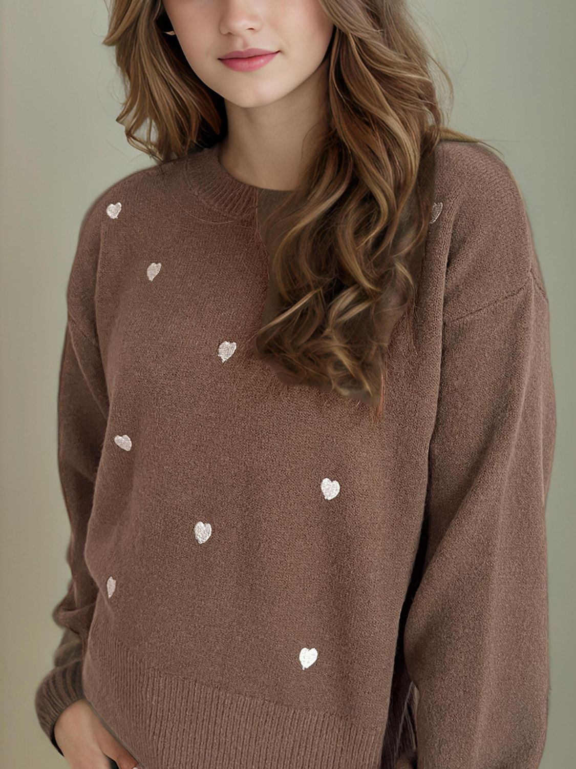 Heart Round Neck Long Sleeve Sweater-Angel Casuals