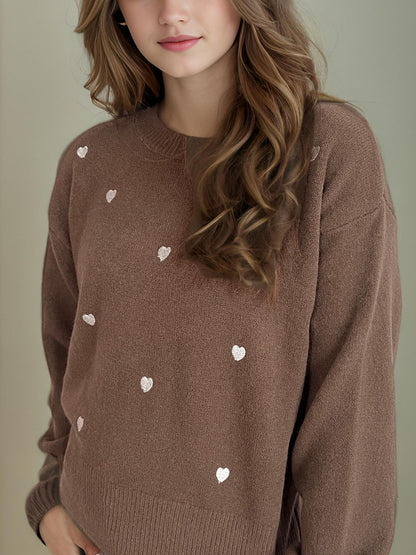 Heart Round Neck Long Sleeve Sweater-Angel Casuals