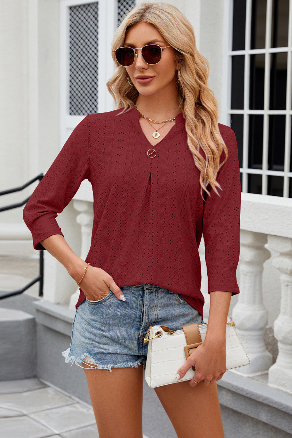 Eyelet Notched Knit Jacquard Top-Angel Casuals