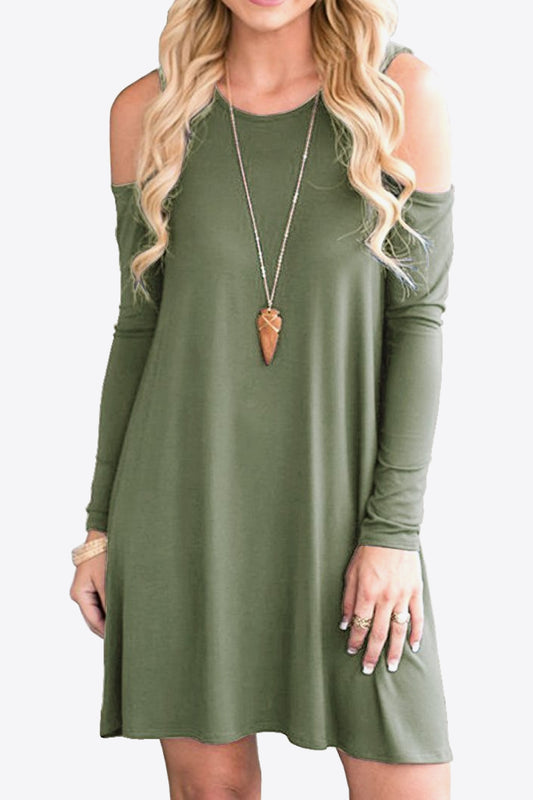 Cold-Shoulder Long Sleeve Round Neck Dress-Angel Casuals