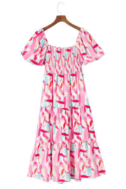 Printed Square Neck Tied Smocked Dress-Angel Casuals